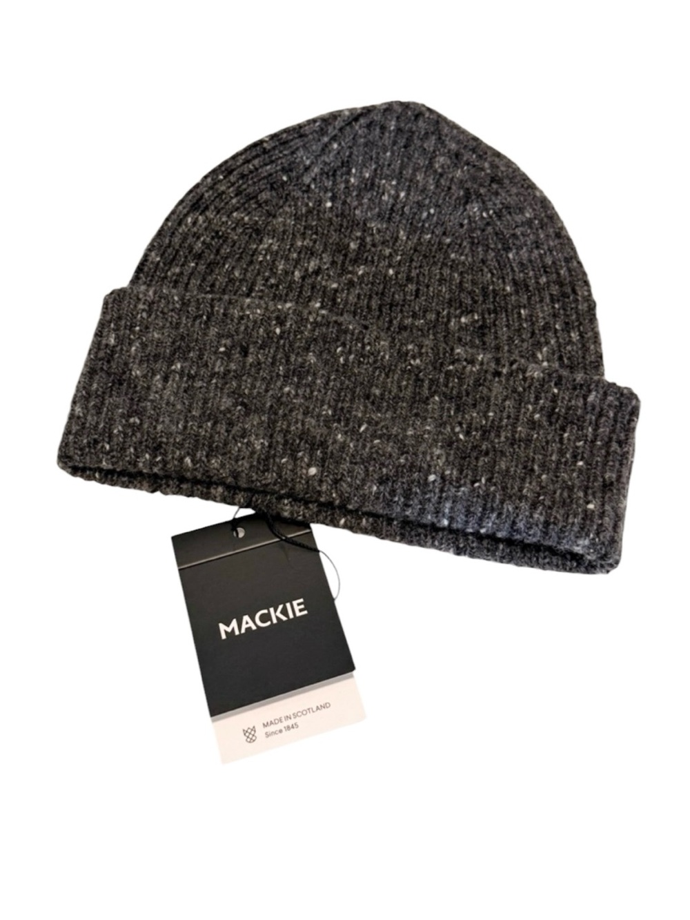 NWT Mackie Scottish Wool Shin Donegal Ribbed Knit Winter Beanie Hat Charcoal